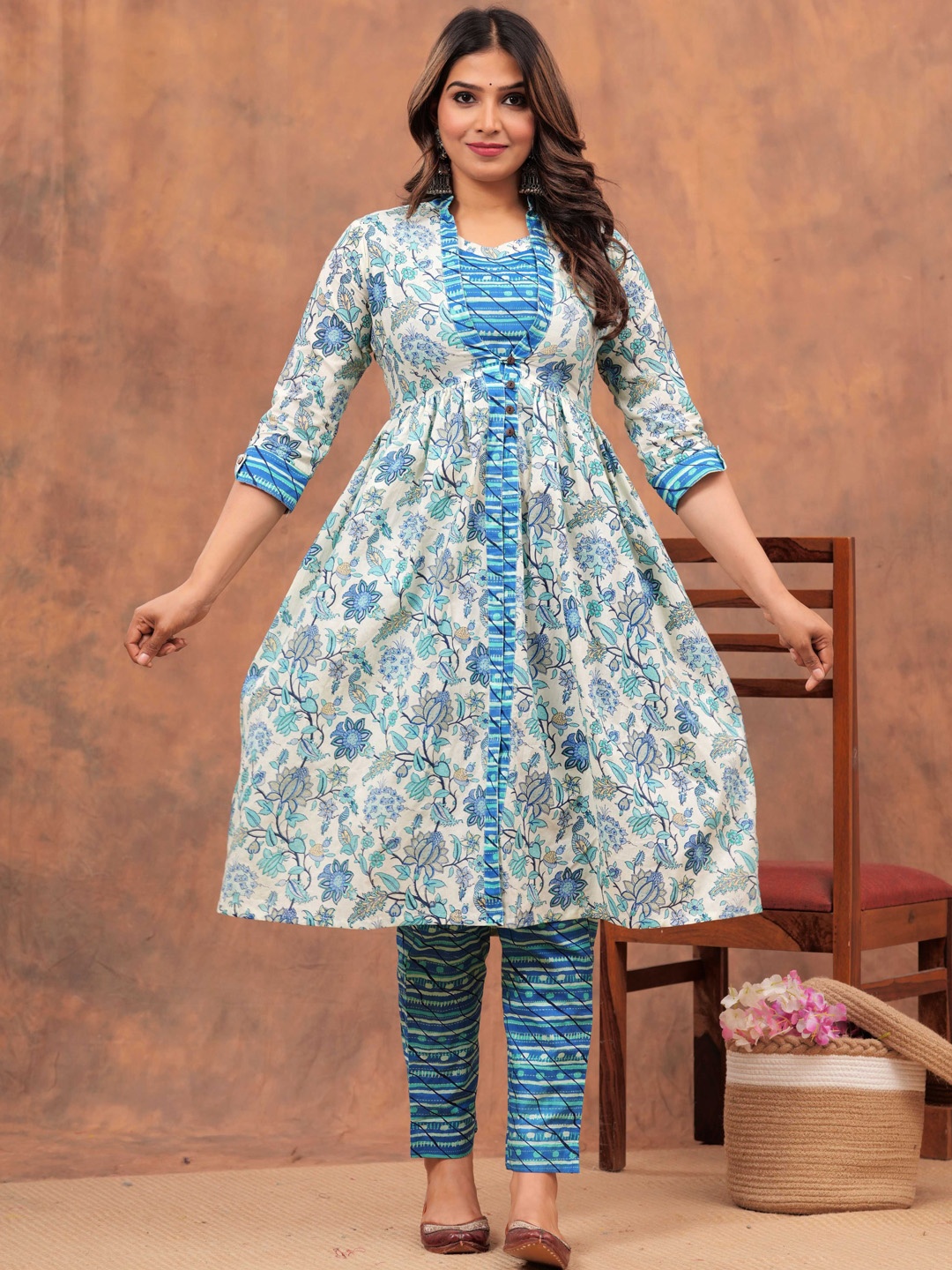 

UNBIND Printed Pure Cotton Top, Shrug & Trousers, Blue