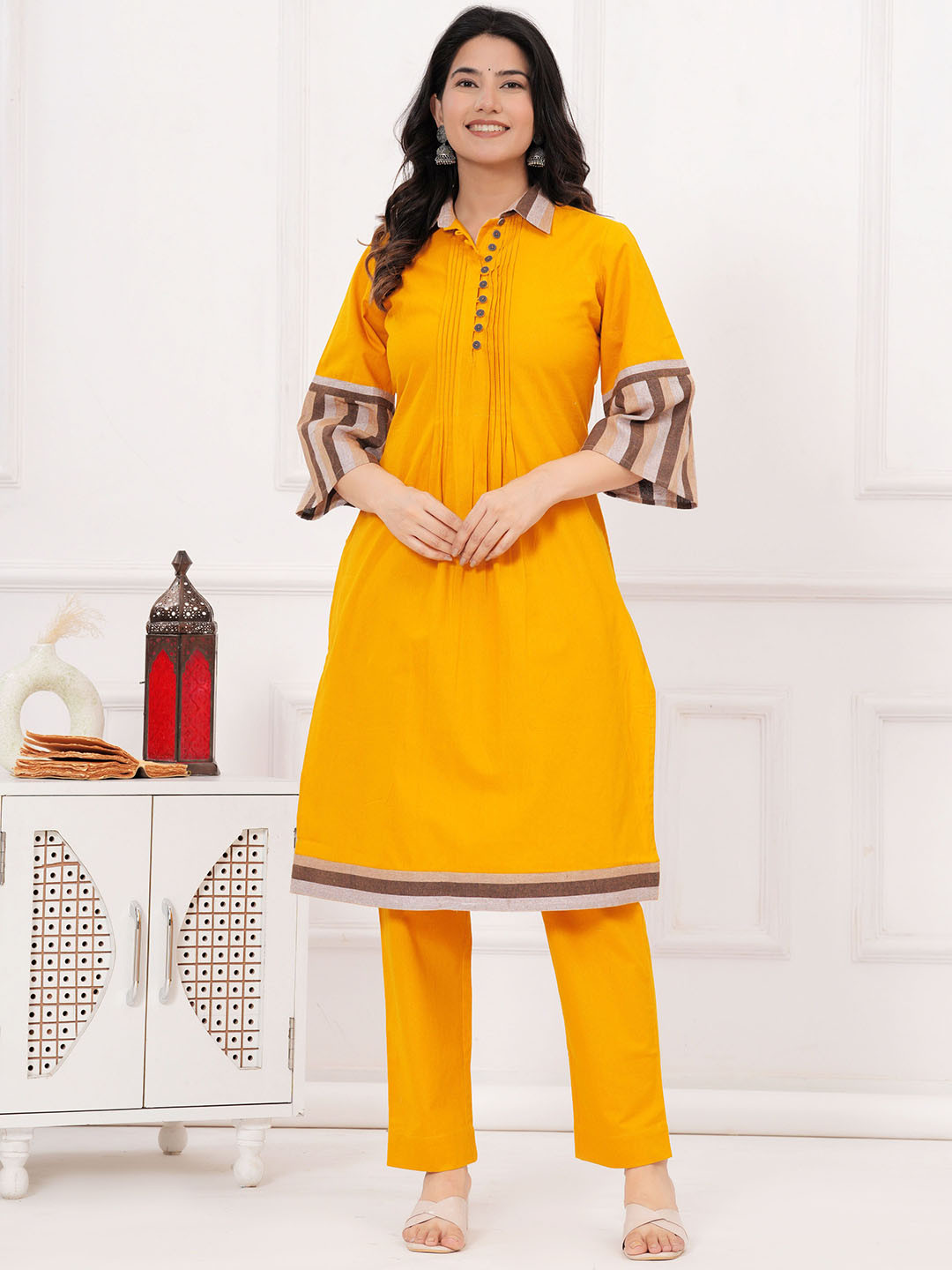 

UNBIND Pure Cotton Three Quarter Sleeve Tunic & Trouser Co-Ords, Yellow