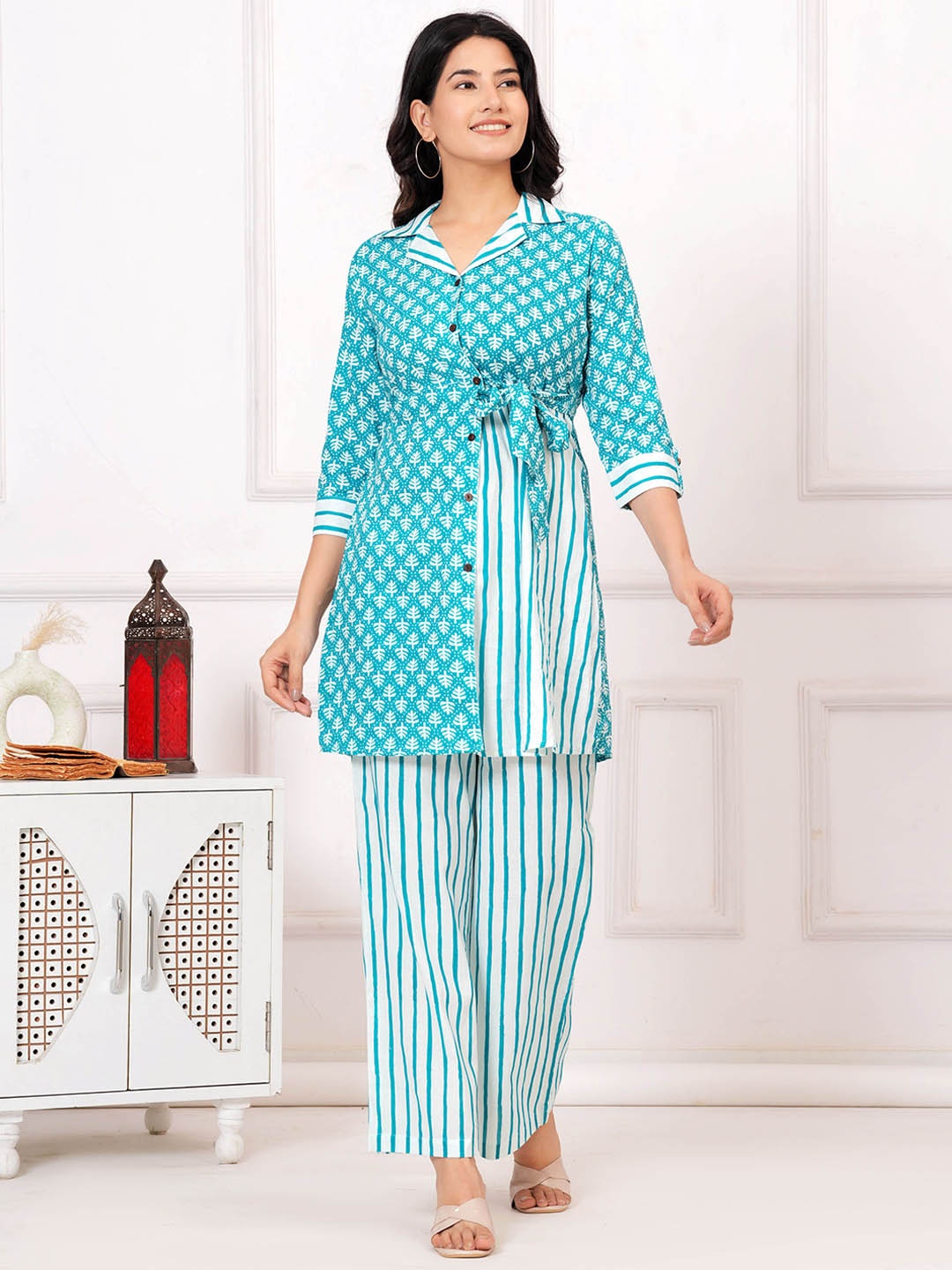 

UNBIND Printed Pure Cotton Cuban Collar Tunic & Trousers, Turquoise blue