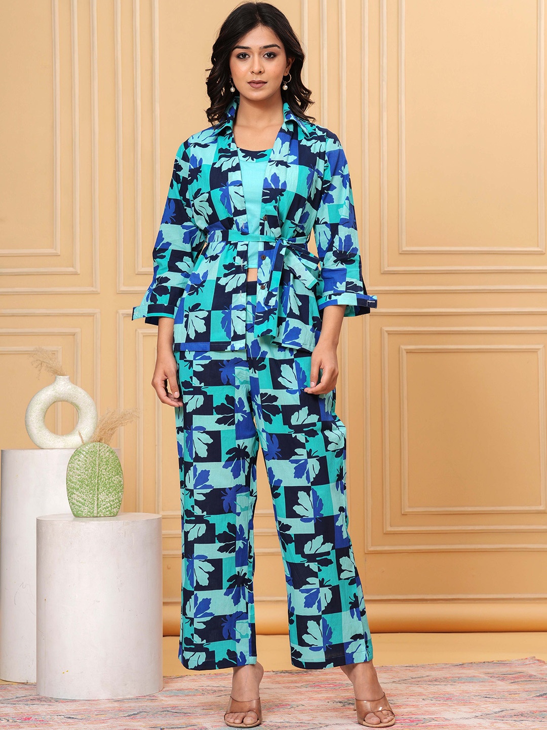 

UNBIND Tropical Printed Pure Cotton Top With Shrug & Trousers, Blue