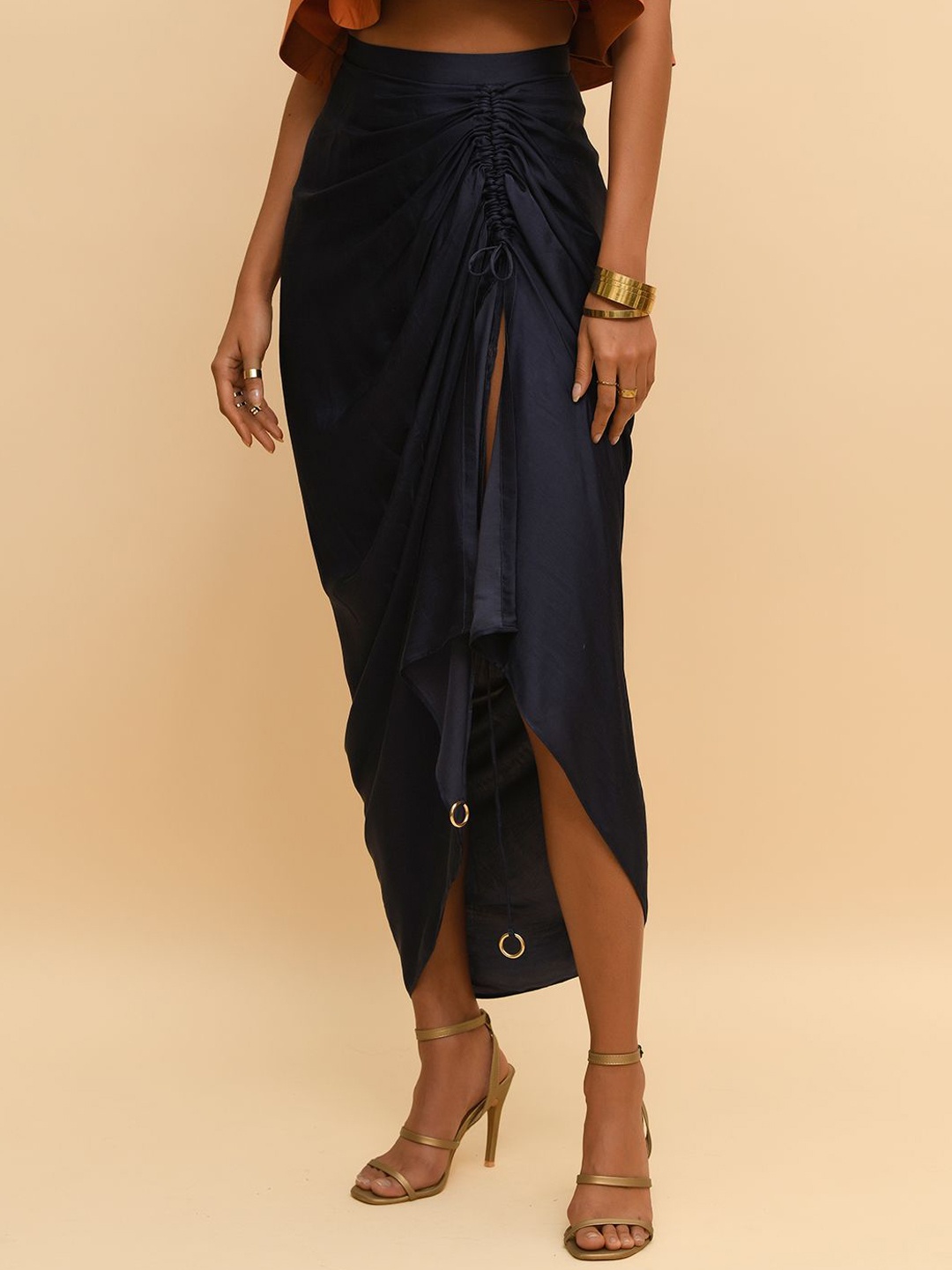 

R.Y by Rishi and Vibhuti Pencil Drape Midi Skirt, Navy blue