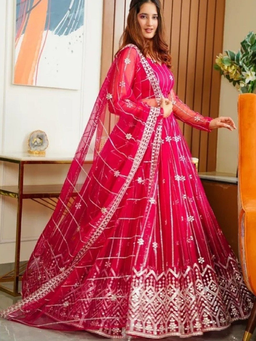 

KALINI Embroidered Beads and Stones Semi-Stitched Lehenga & Unstitched Blouse With Dupatta, Pink