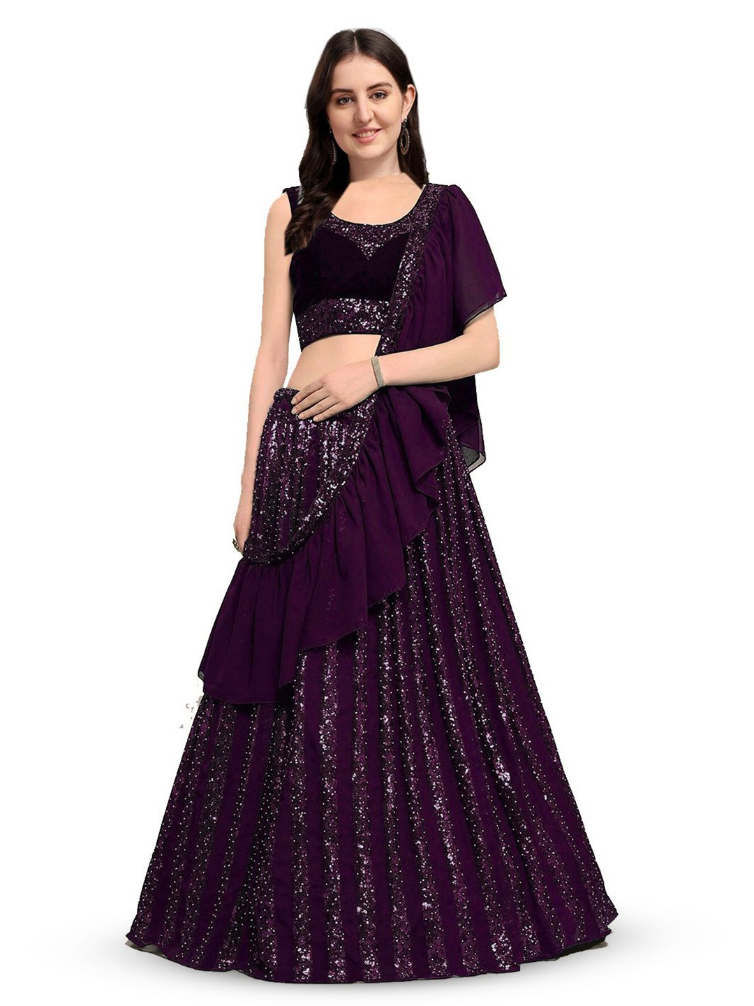 

KALINI Embroidered Sequinned Semi-Stitched Lehenga & Unstitched Blouse With Dupatta, Purple