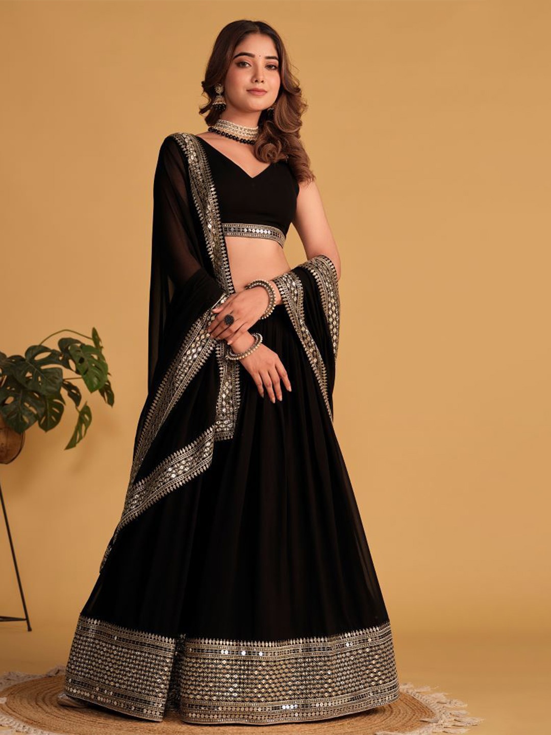

KALINI Embroidered Mirror Work Semi-Stitched Lehenga & Unstitched Blouse With Dupatta, Black