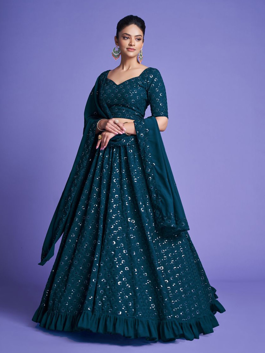 

KALINI Embroidered Sequinned Semi-Stitched Lehenga & Unstitched Blouse With Dupatta, Teal