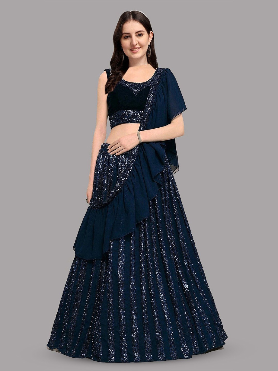 

KALINI Embroidered Sequinned Semi-Stitched Lehenga & Unstitched Blouse With Dupatta, Blue