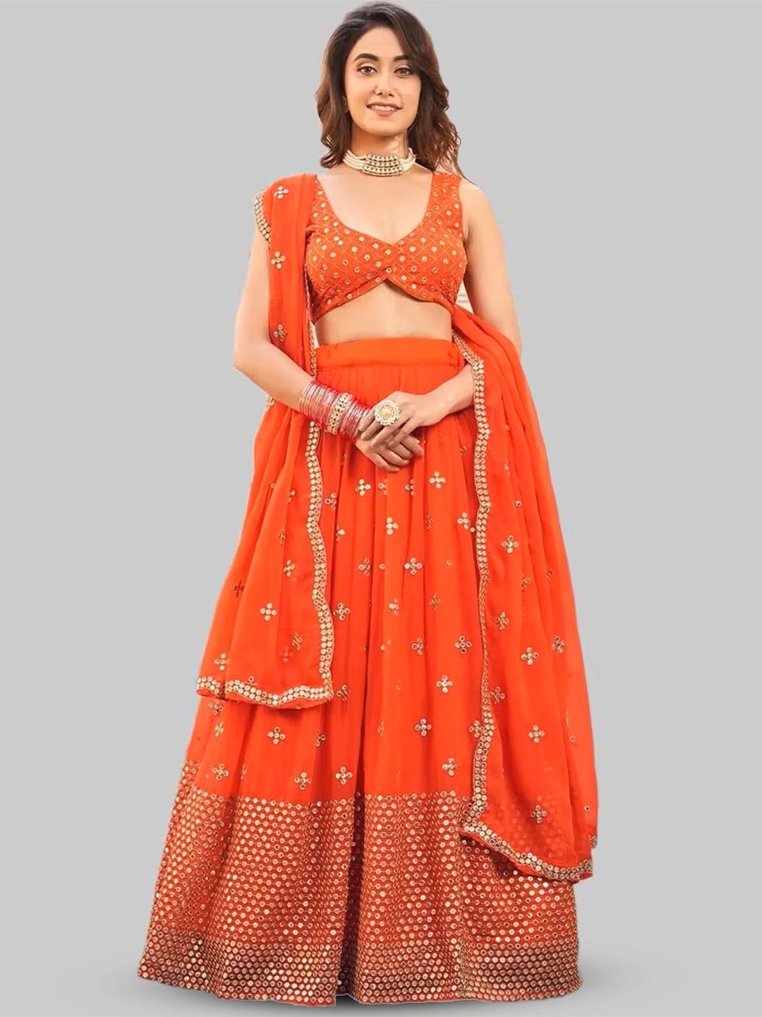 

KALINI Embroidered Sequinned Semi-Stitched Lehenga & Unstitched Blouse With Dupatta, Orange