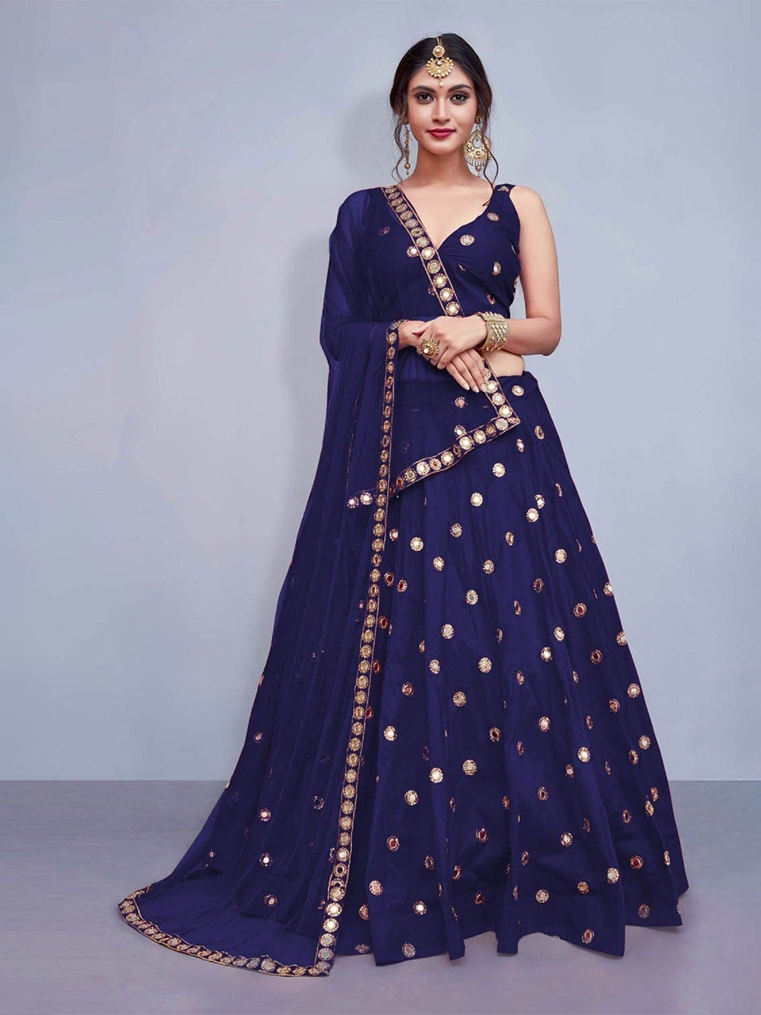 

KALINI Embroidered Mirror Work Semi-Stitched Lehenga & Unstitched Blouse With Dupatta, Blue