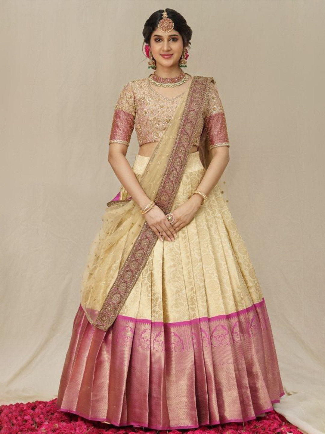 

KALINI Embroidered Semi-Stitched Lehenga & Unstitched Blouse With Dupatta, Cream