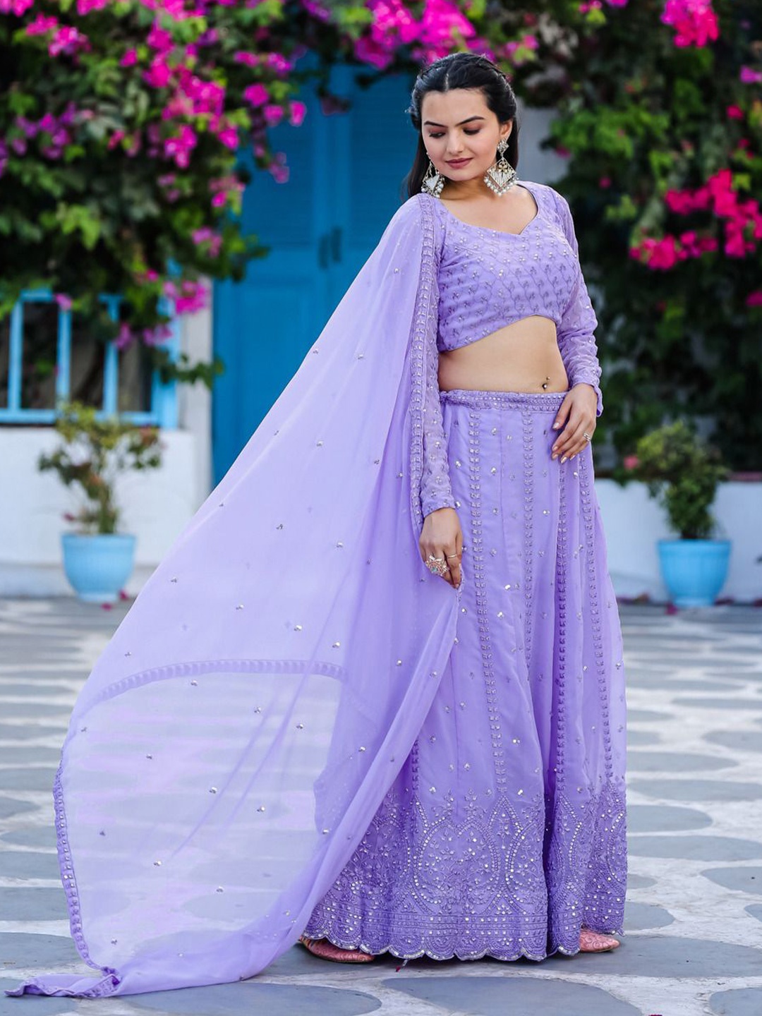 

KALINI Embroidered Sequinned Semi-Stitched Lehenga & Unstitched Blouse With Dupatta, Purple