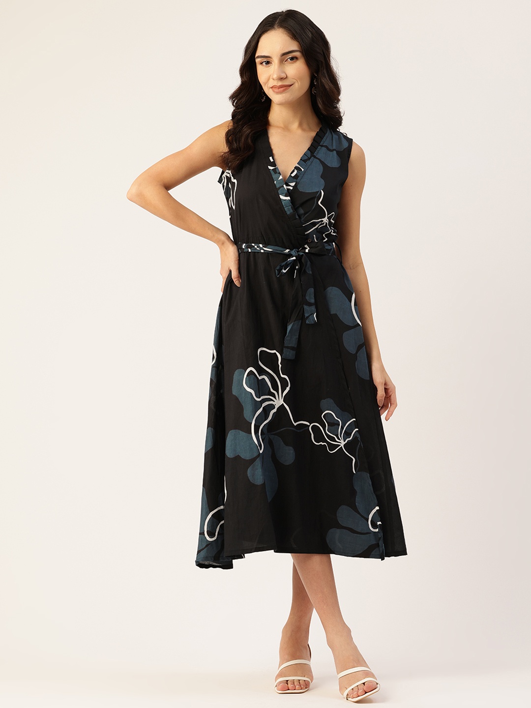 

FERANOID Floral Print Pure Cotton A-Line Midi Dress, Black