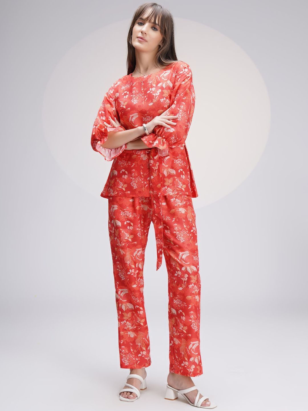 

Sangria Floral Printed Top With Trousers Co-Ords, Orange