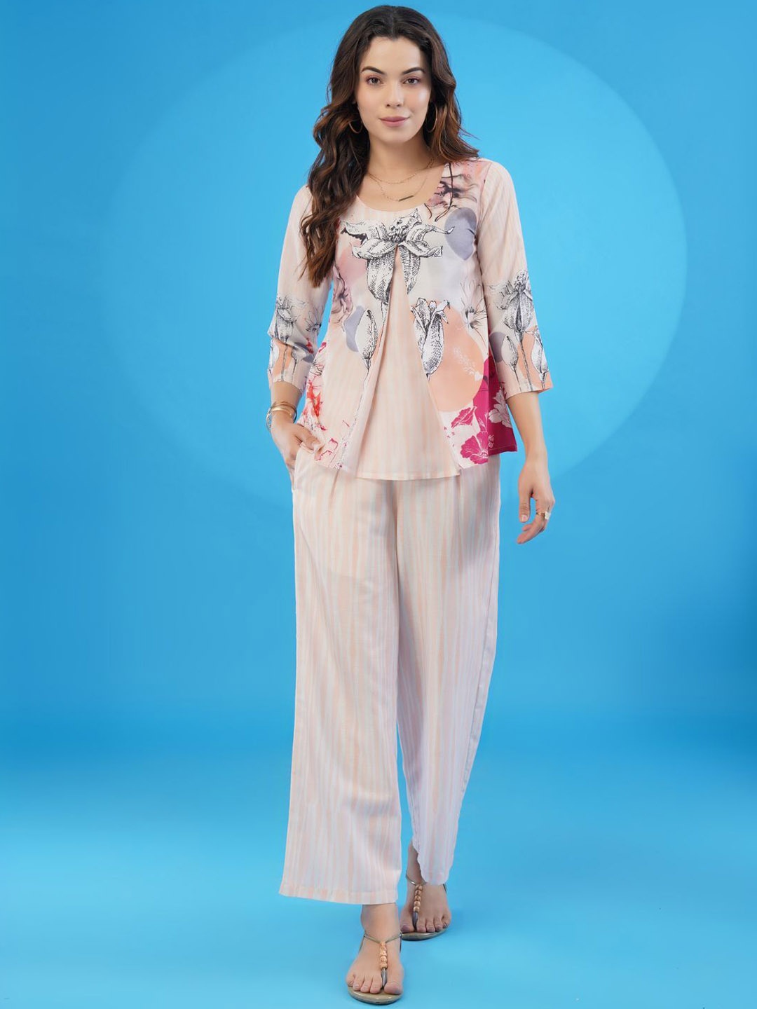 

Sangria Printed Top With Palazzos, Beige