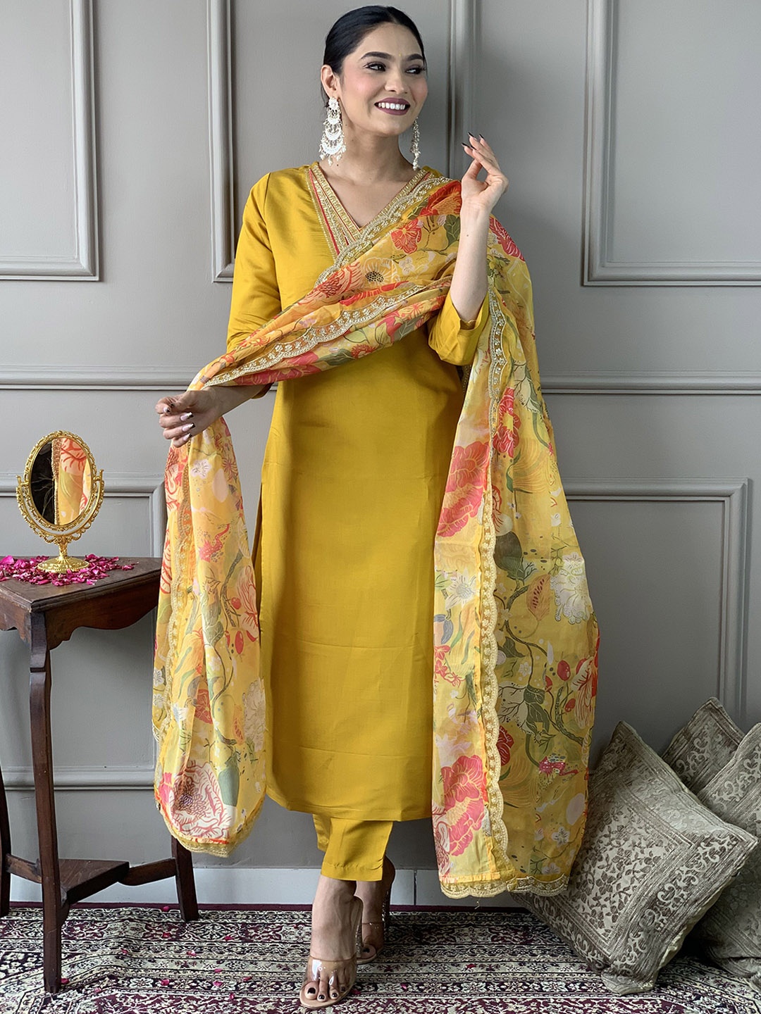 

KALINI Floral Yoke Design Sequinned Straight Kurta with Trousers & Dupatta, Mustard