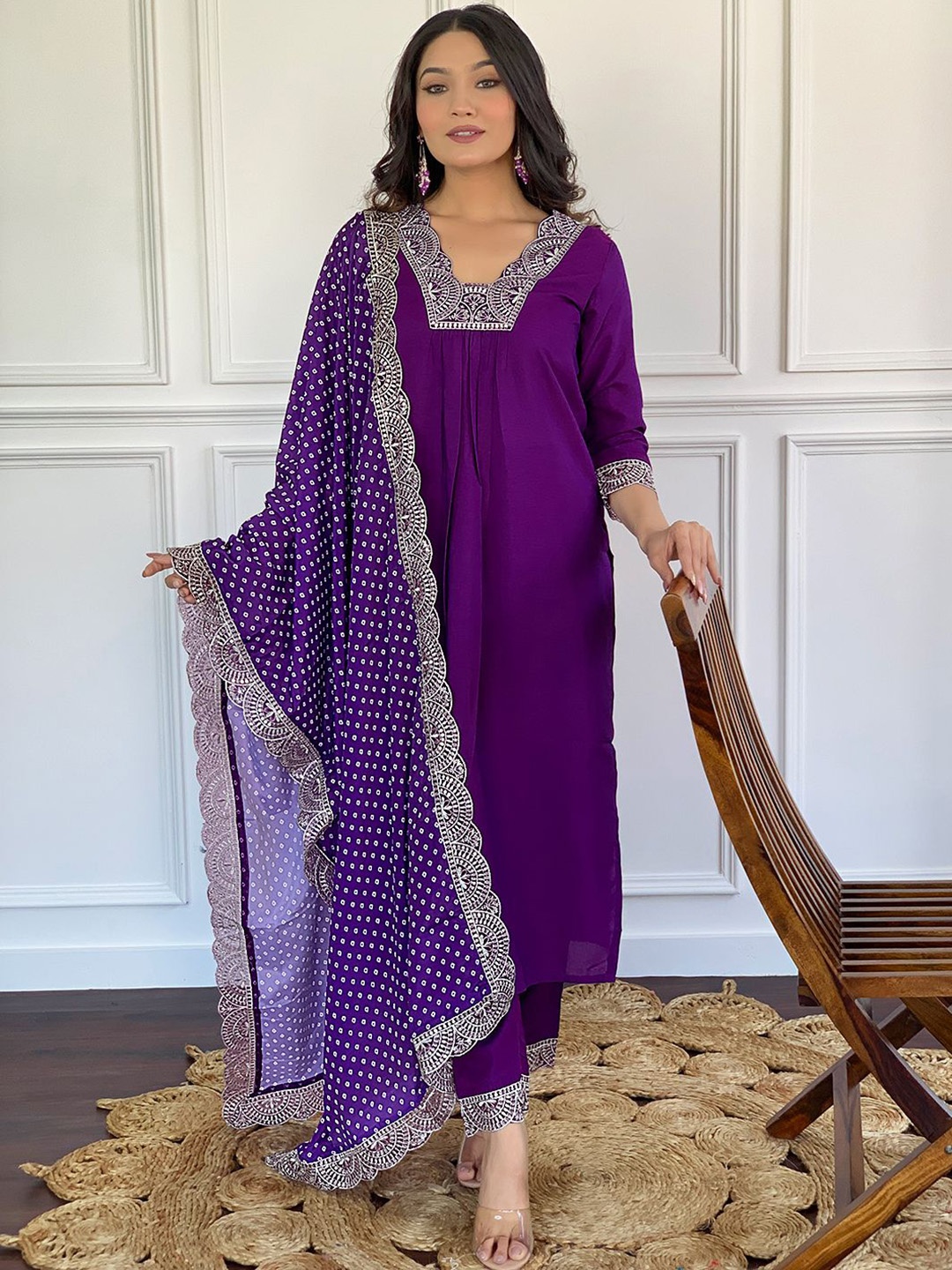 

KALINI Floral Yoke Design Thread Work A-Line Kurta with Trousers & Dupatta, Purple