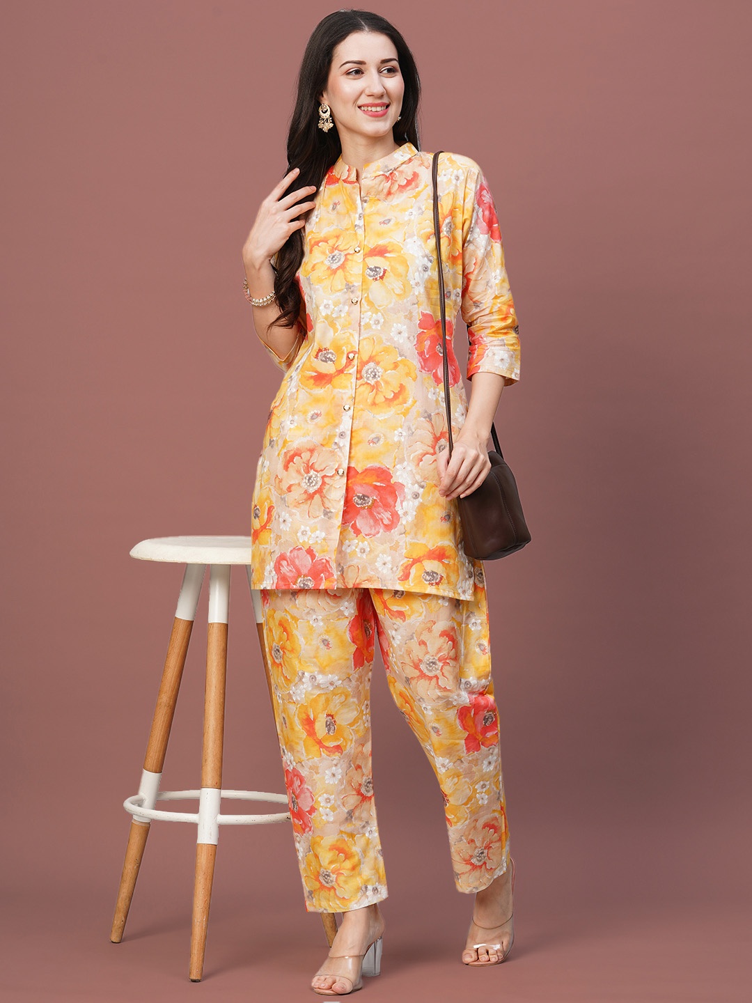 

KALINI Floral Printed Mandarin Collar Pure Cotton Top With Trousers, Yellow