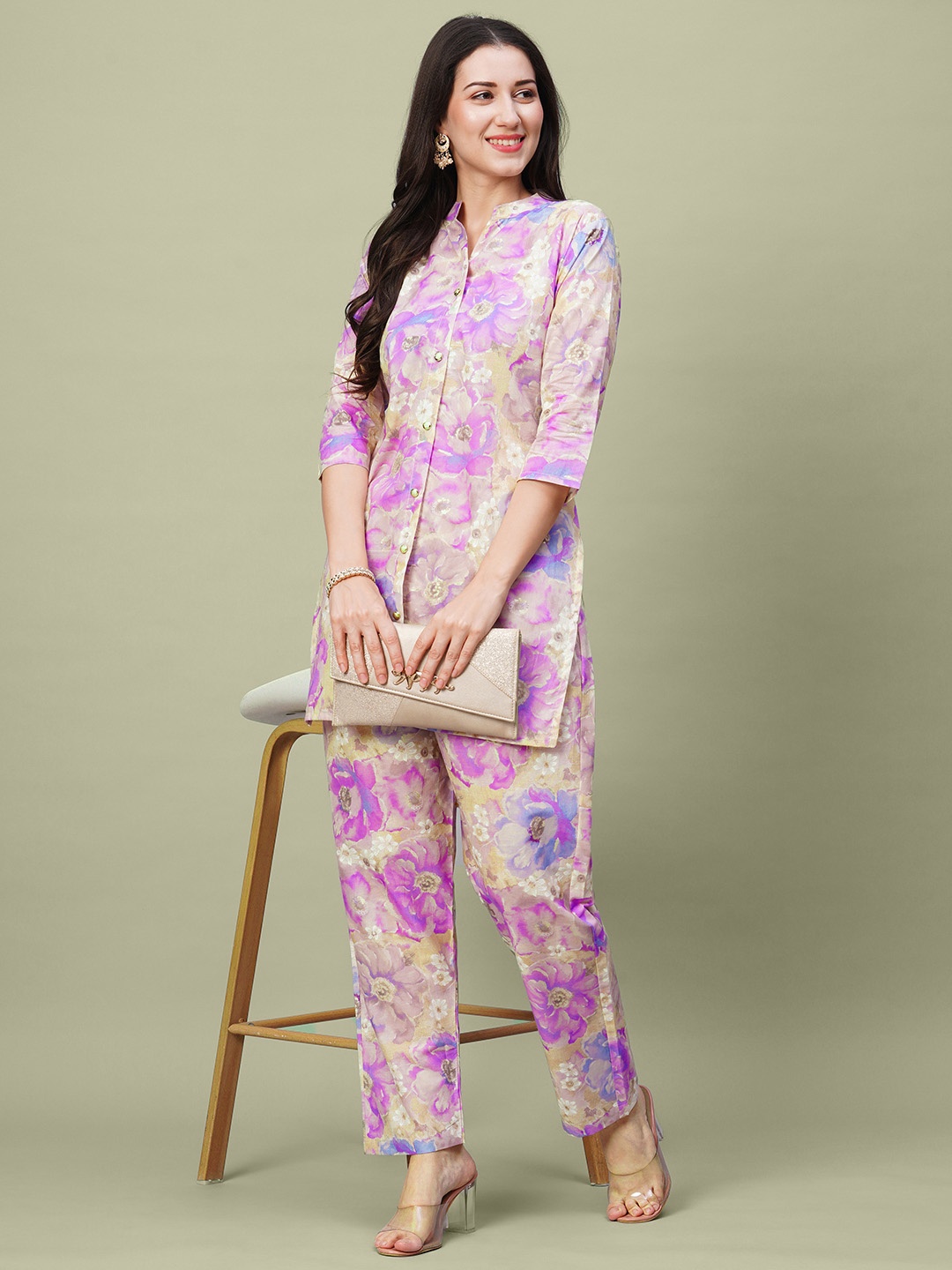 

KALINI Floral Printed Pure Cotton Tunic With Palazzos, Lavender