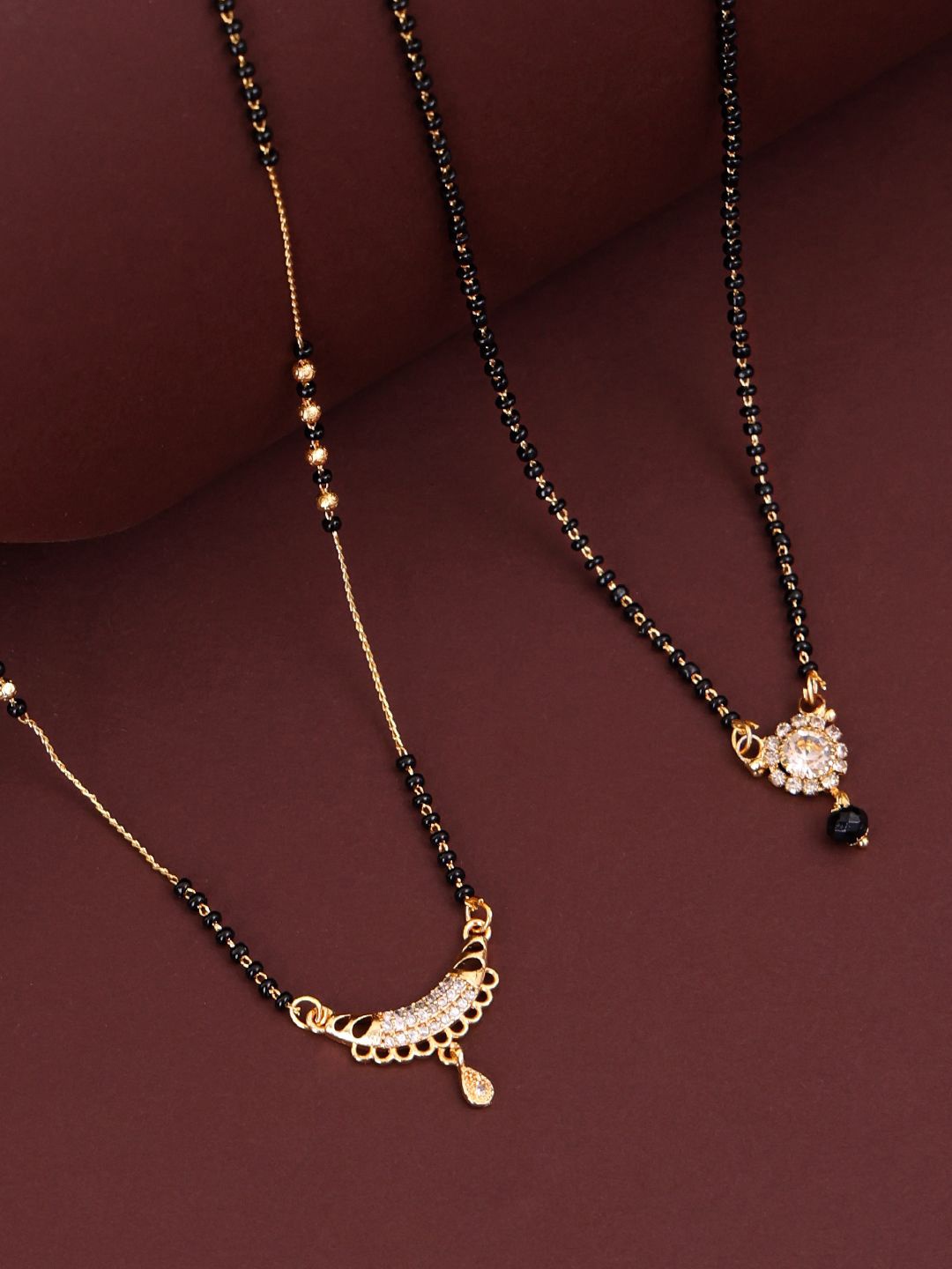

PANASH Set Of 2 Gold-Plated Stones Studded And Beaded Mangalsutra