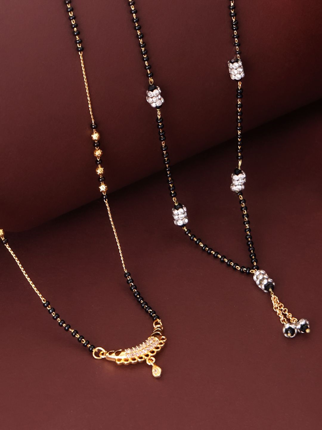 

PANASH Set Of 2 Gold-Plated Stones Studded And Beaded Mangalsutra