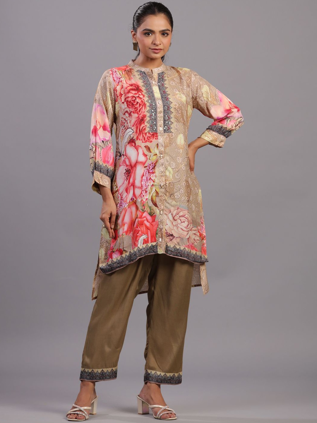 Amchoor Floral Printed Regular Sequinned Kurta with Trousers, Beige