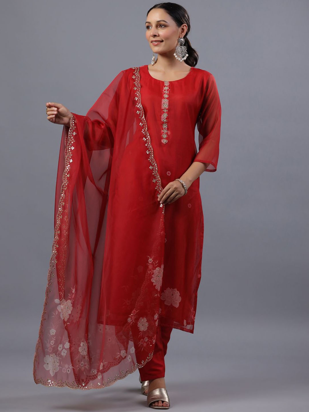 

Amchoor Floral Printed Regular Mirror Work Kurta With Trousers & Dupatta, Red