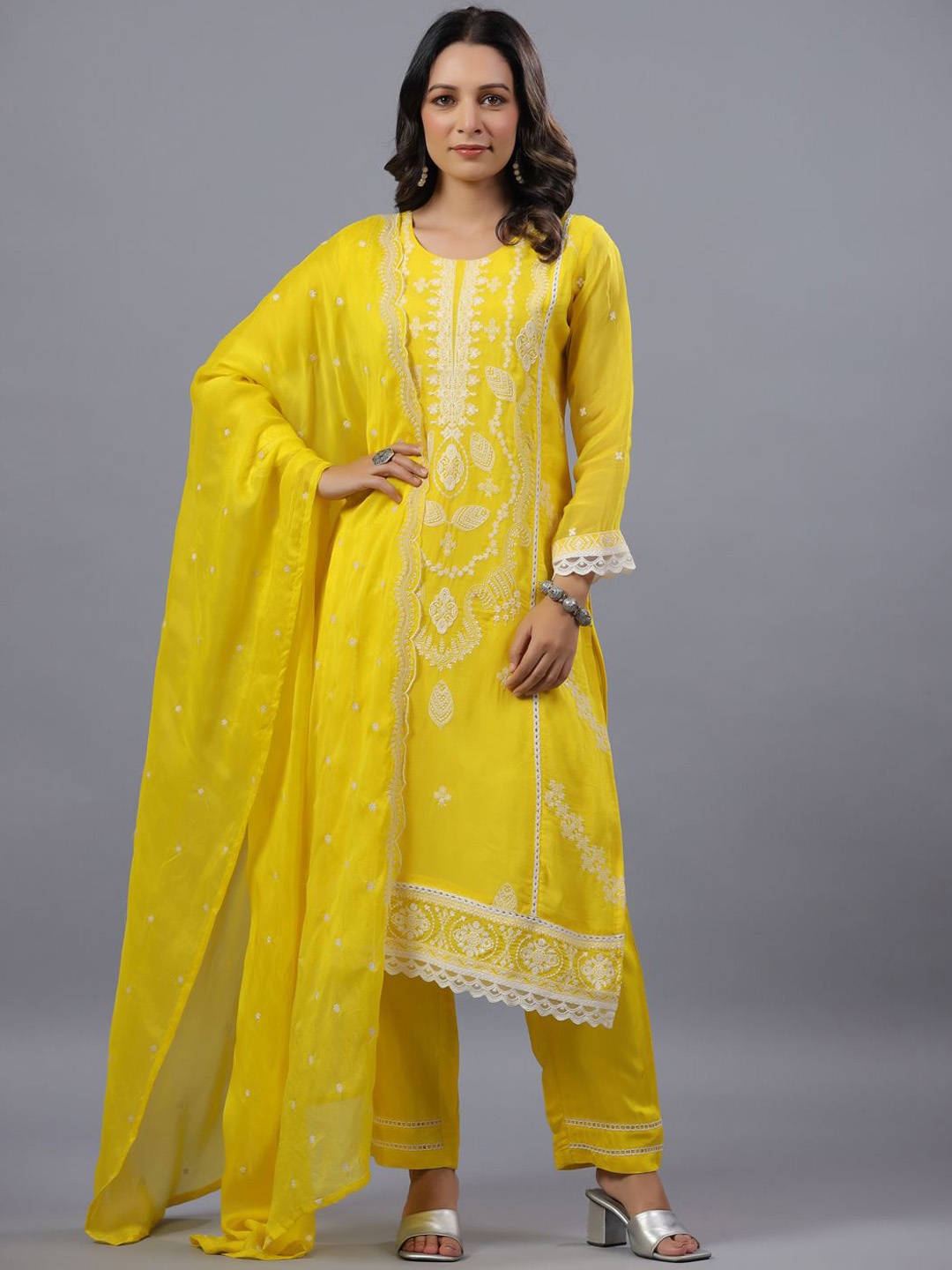 

Amchoor Floral Embroidered Thread Work Organza Straight Kurta With Trousers & Dupatta, Yellow