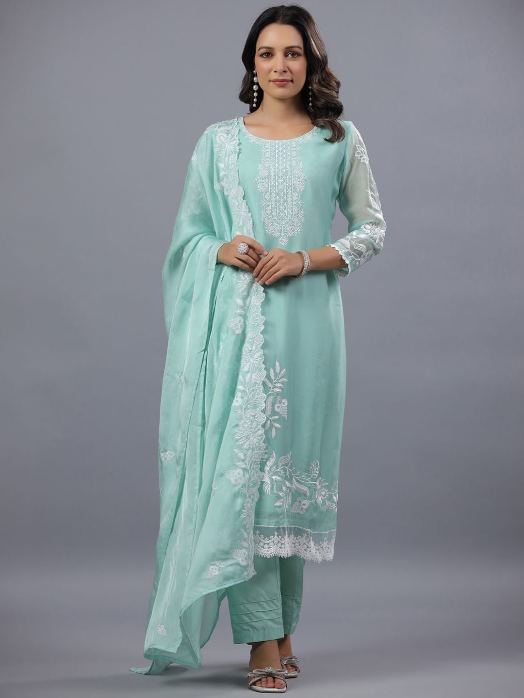 

Amchoor Floral Yoke Design Thread Work Kurta With Trousers & Dupatta, Sea green