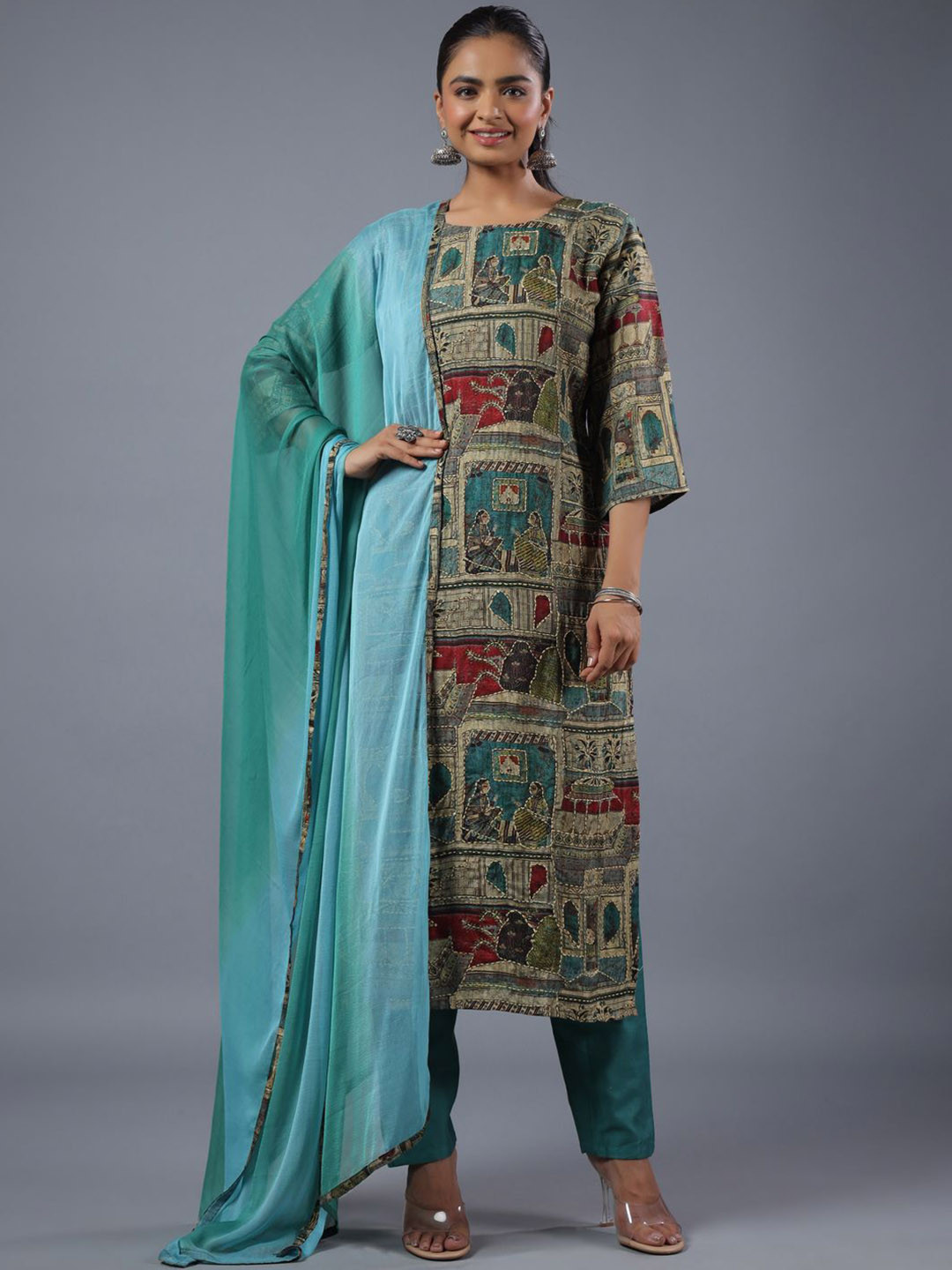 

Amchoor Ethnic Motifs Printed Thread Work Straight Kurta With Trousers & Dupatta, Green