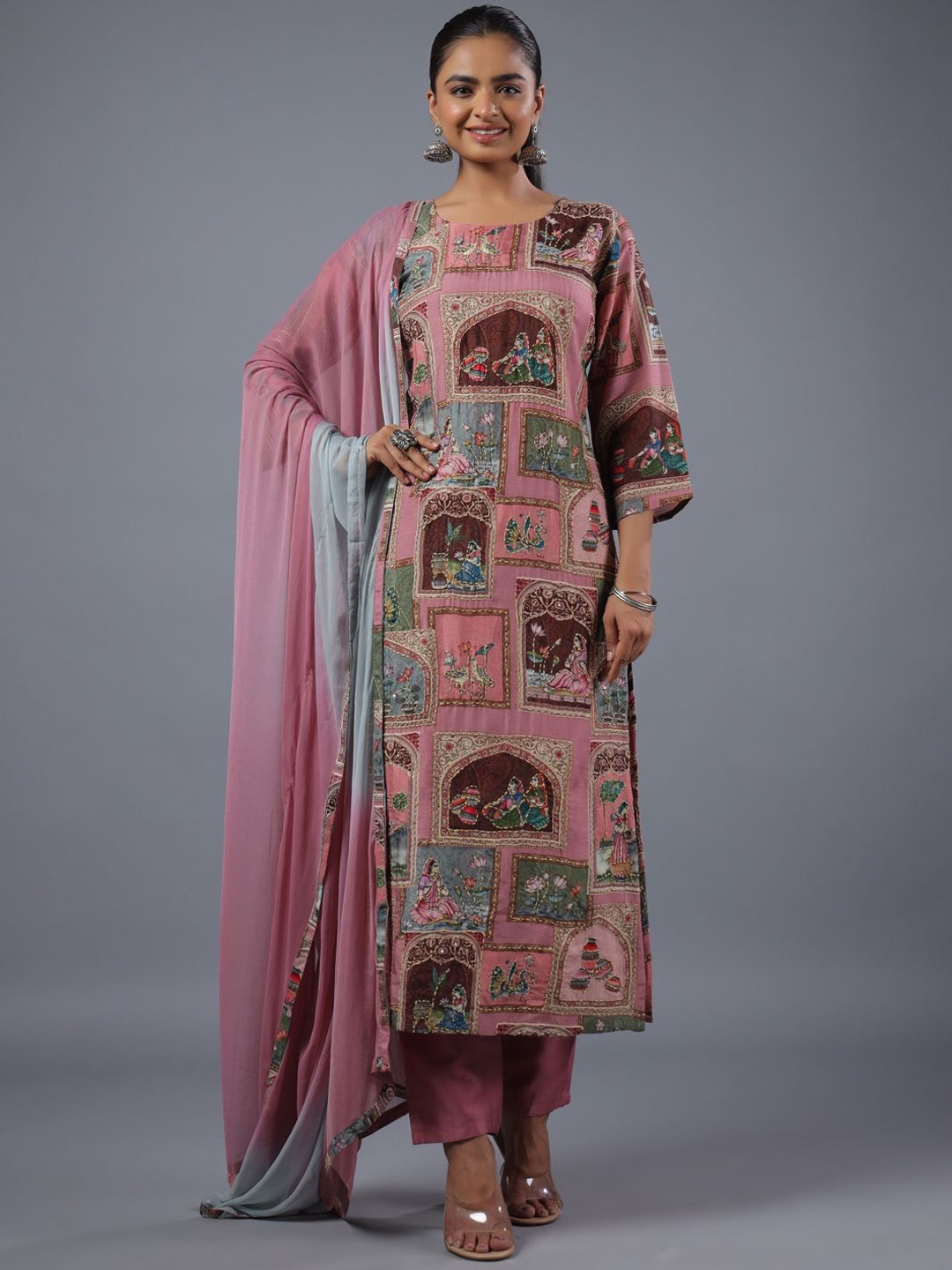 

Amchoor Ethnic Motifs Printed Regular Sequinned Kurta With Trousers & Dupatta, Purple