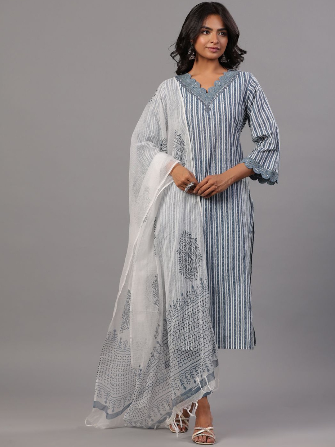 

Amchoor Striped Sequinned Straight Kurta With Trousers & Dupatta, Grey