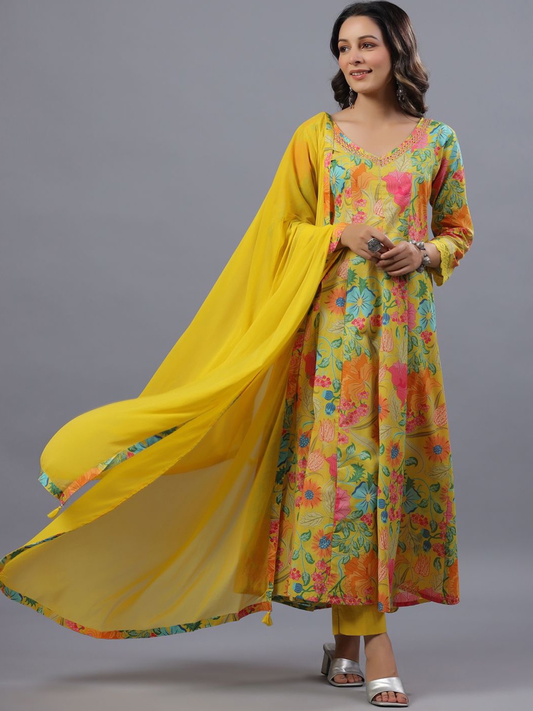 Amchoor Floral Printed Panelled Mirror Work Kurta With Trousers & Dupatta, Yellow