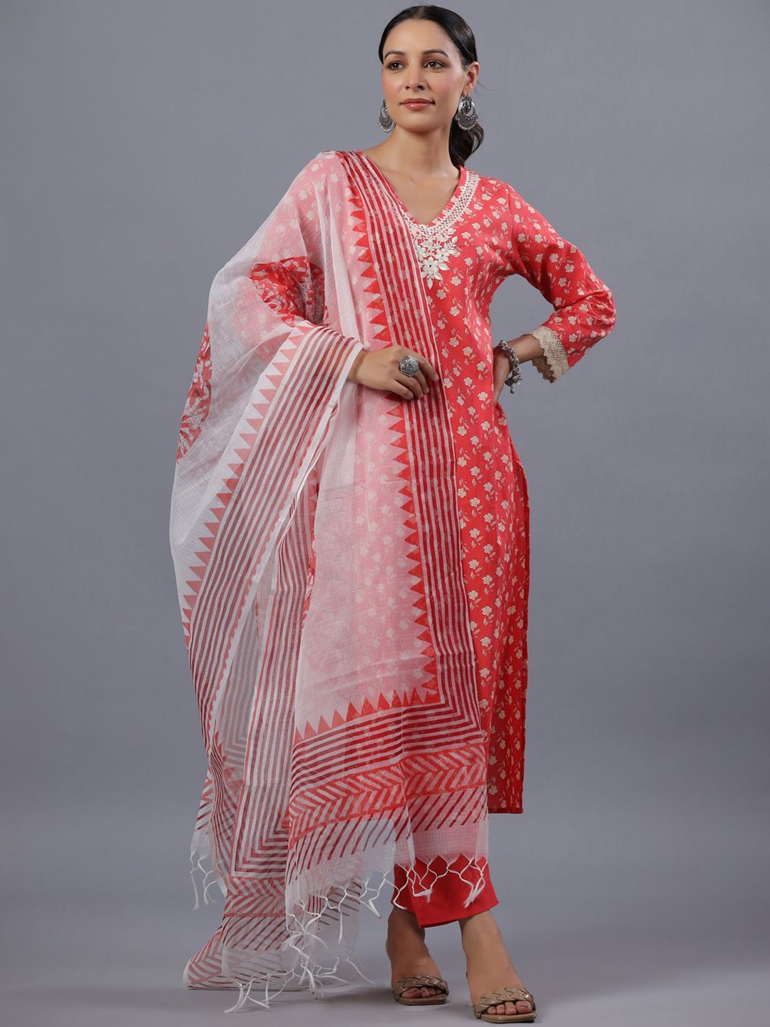 

Amchoor Floral Printed Mirror Work Straight Kurta With Trousers & Dupatta, Red
