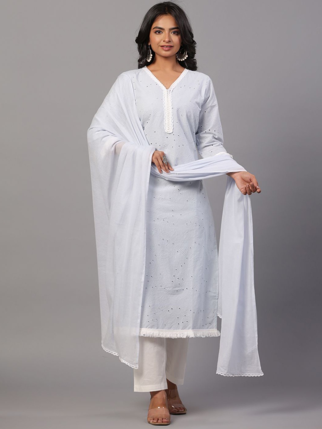 

Amchoor Floral Embroidered Thread Work Straight Kurta With Trousers & Dupatta, Blue