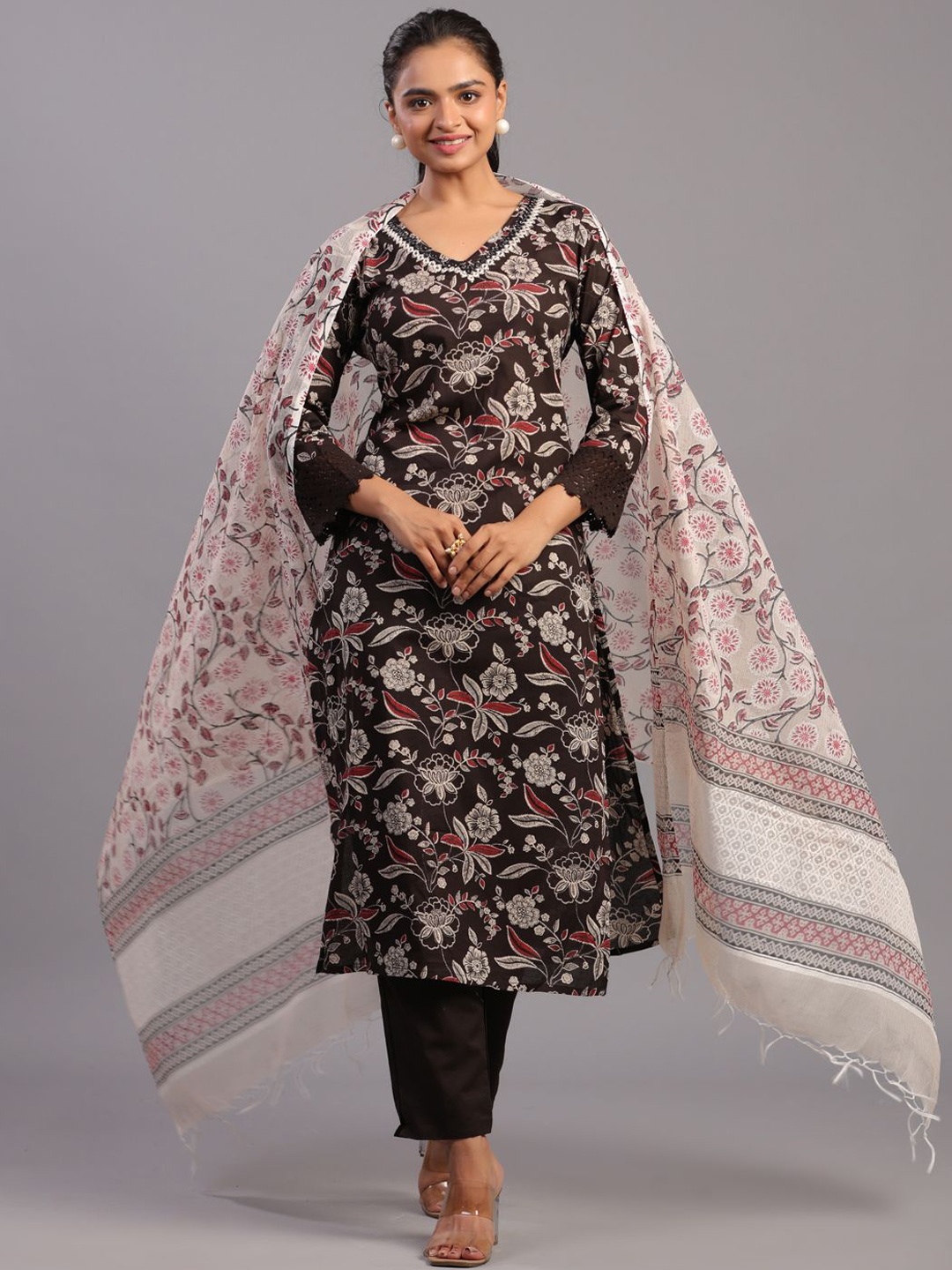 Amchoor Floral Printed Regular Mirror Work Kurta With Trousers & Dupatta, Black