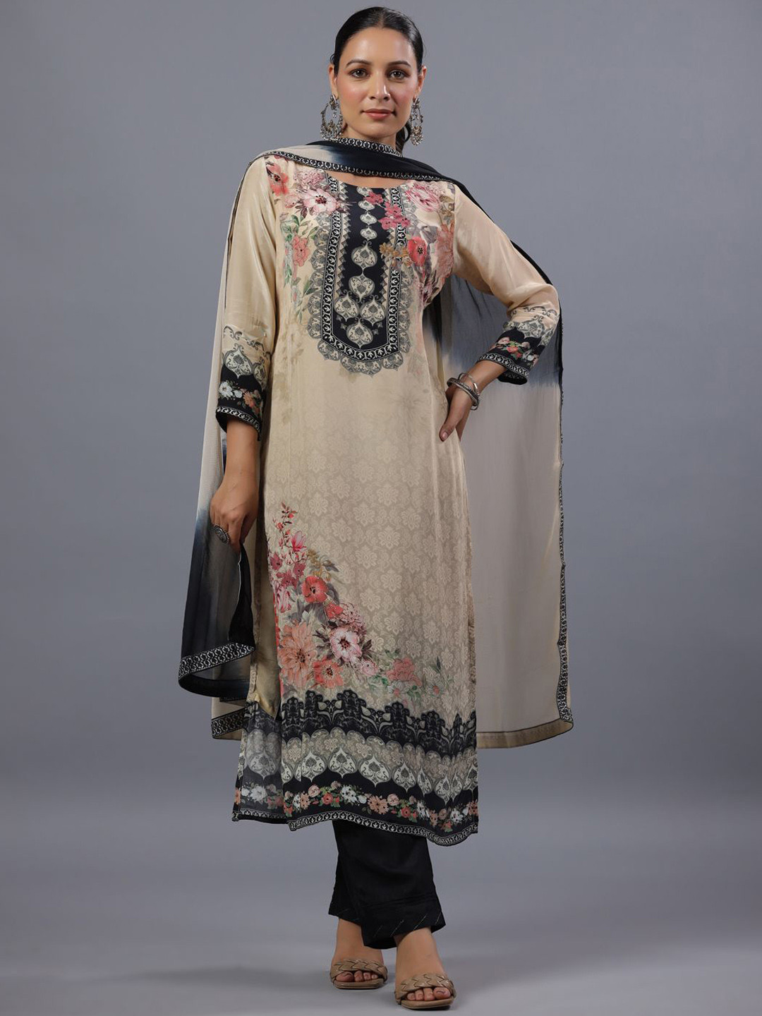 

Amchoor Floral Printed Satin Straight Kurta With Trousers & Dupatta, Beige