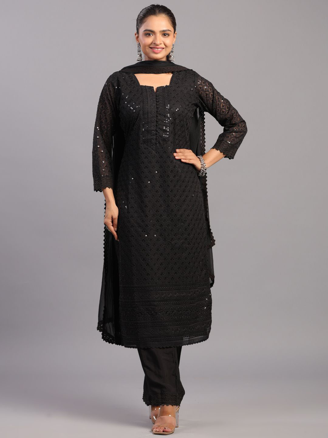 

Amchoor Floral Embroidered Sequinned Silk Georgette Straight Kurta With Trousers & Dupatta, Black