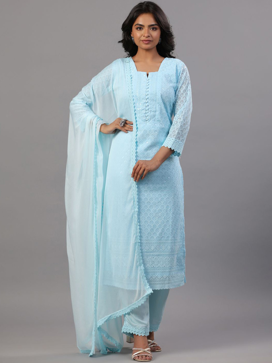 

Amchoor Ethnic Motifs Embroidered Regular Sequinned Kurta With Trousers & Dupatta, Blue
