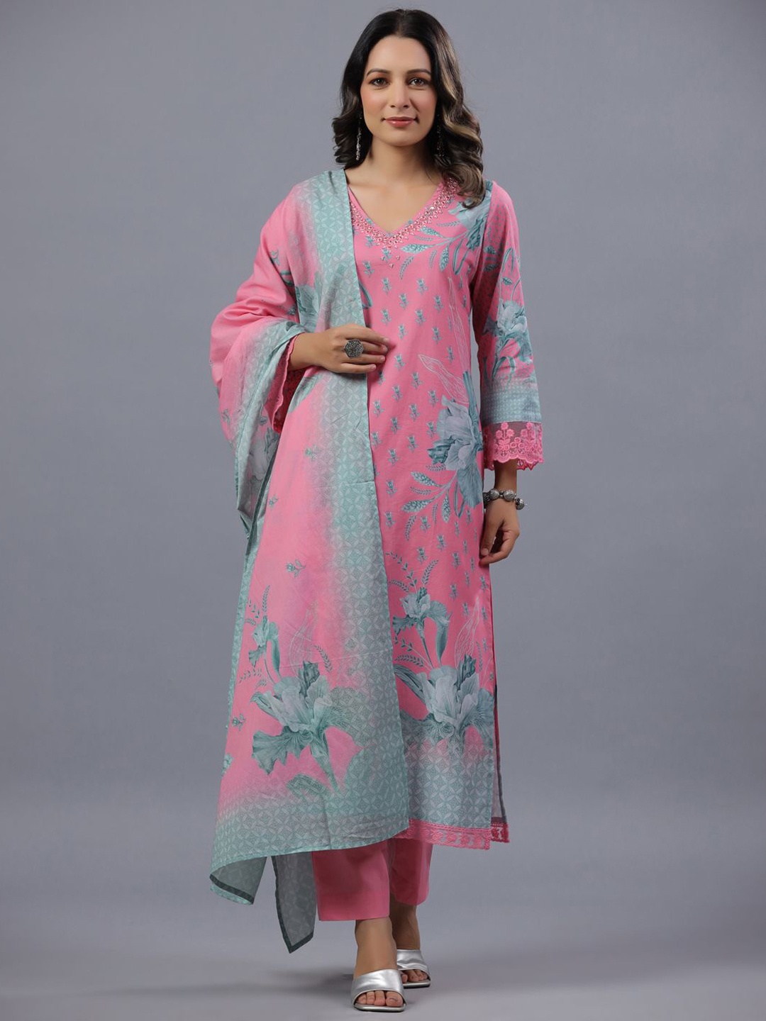 

Amchoor Floral Printed Regular Mirror Work Kurta With Trousers & Dupatta, Pink