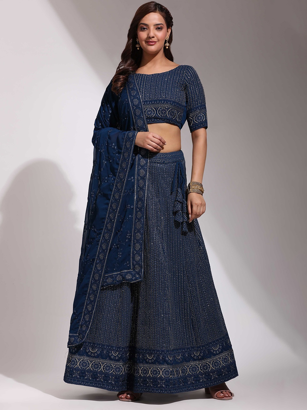 

Fabcartz Embroidered Sequinned Semi-Stitched Lehenga & Unstitched Blouse With Dupatta, Teal
