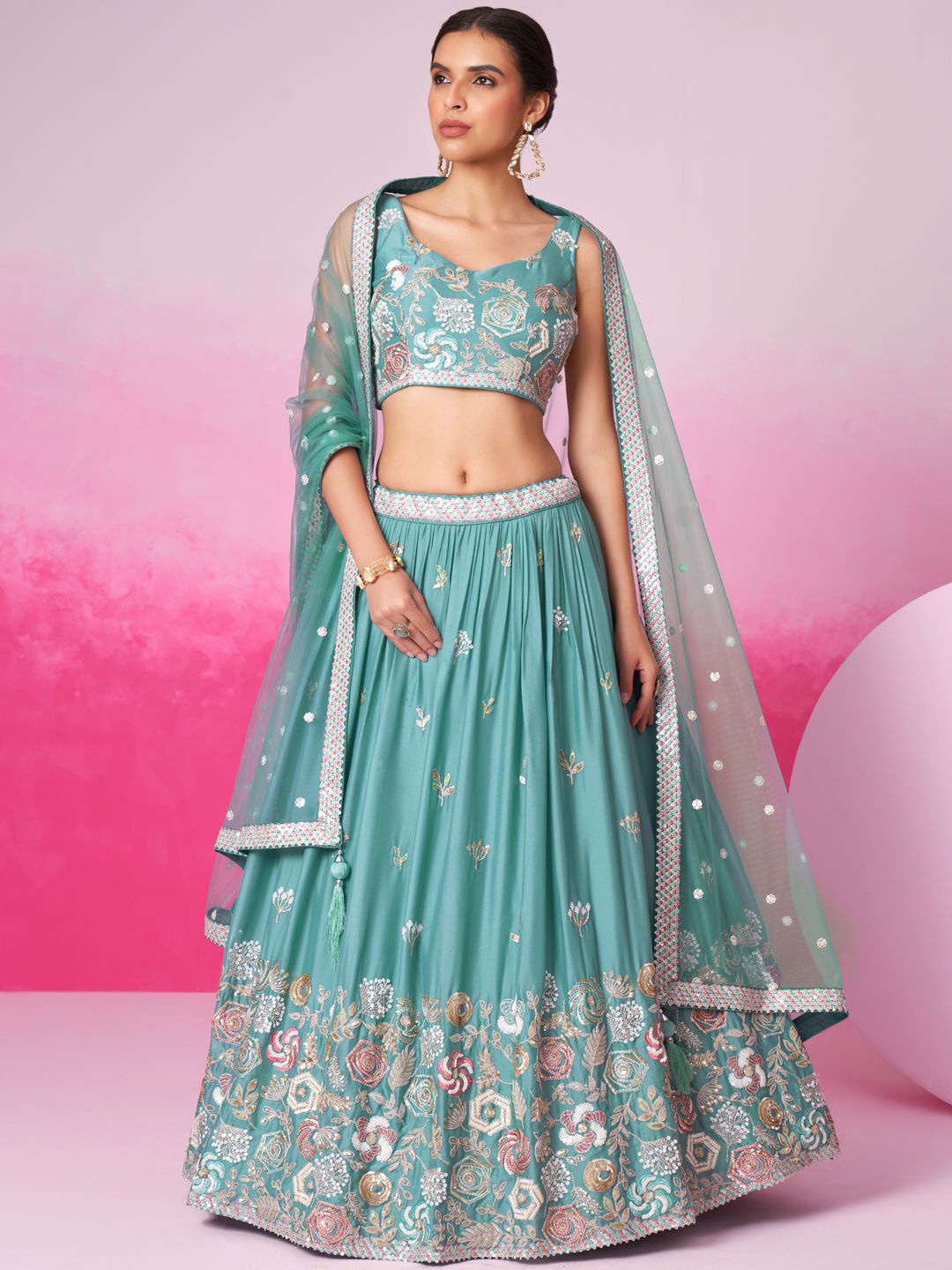 

panchhi Embroidered Sequinned Semi-Stitched Lehenga & Ready to Wear Blouse With Dupatta, Turquoise blue