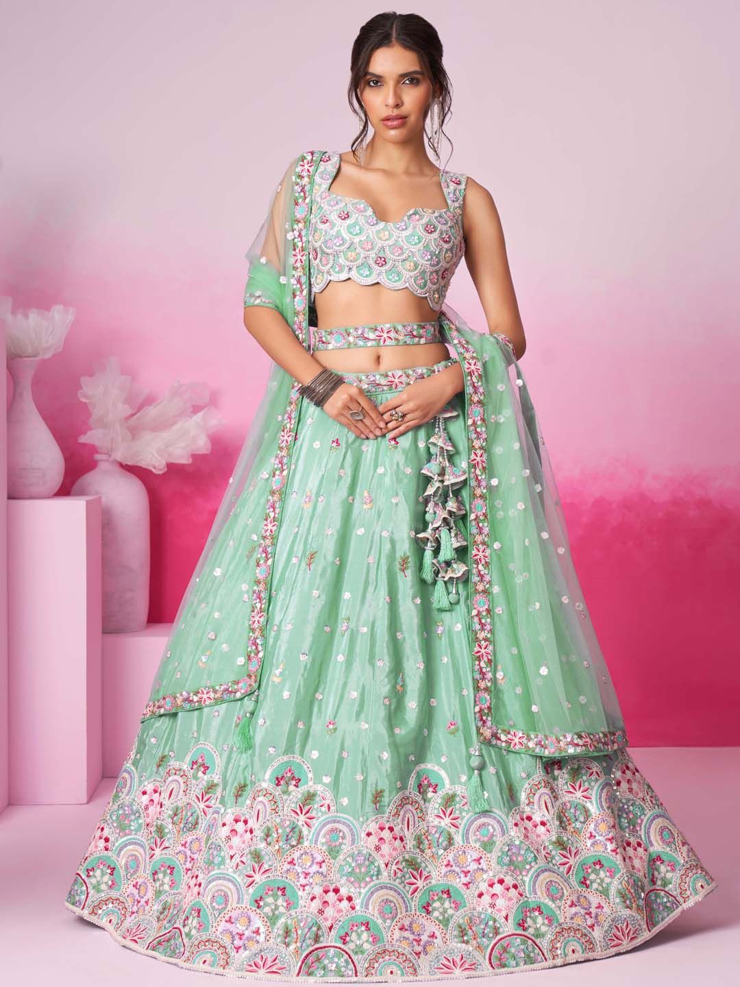 

panchhi Embroidered Sequinned Semi Stitched Lehenga & Ready to Wear Blouse With Dupatta, Lime green