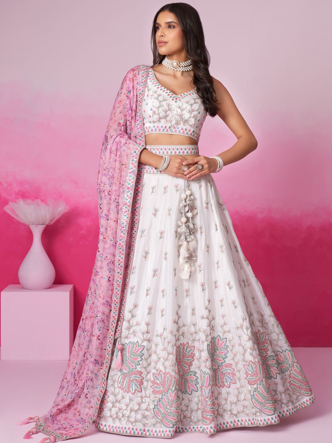 

panchhi Embroidered Sequinned Semi Stitched Lehenga & Ready to Wear Blouse With Dupatta, Cream