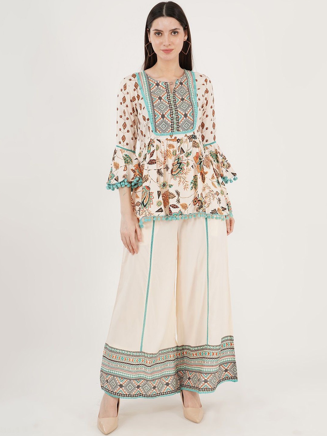 

Sonnesta Floral Printed Bell Sleeves Top With Palazzos, Cream