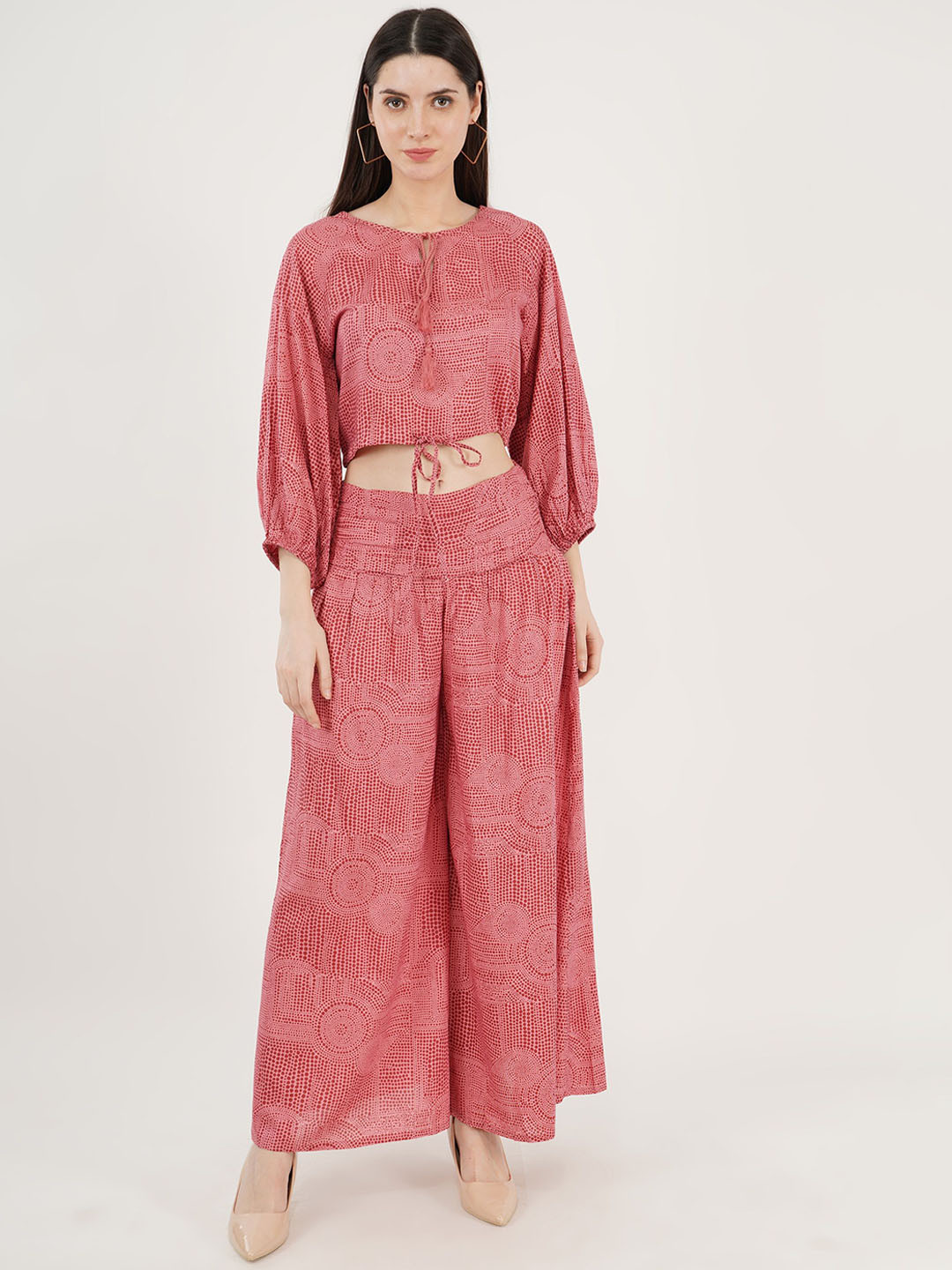 

Sonnesta Self Design Crop Top With Palazzos, Red