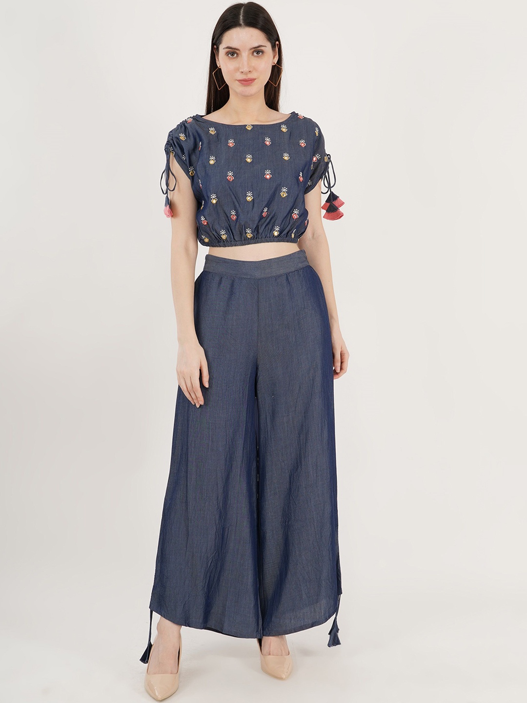 

Sonnesta Embroidered Top With Palazzos, Navy blue
