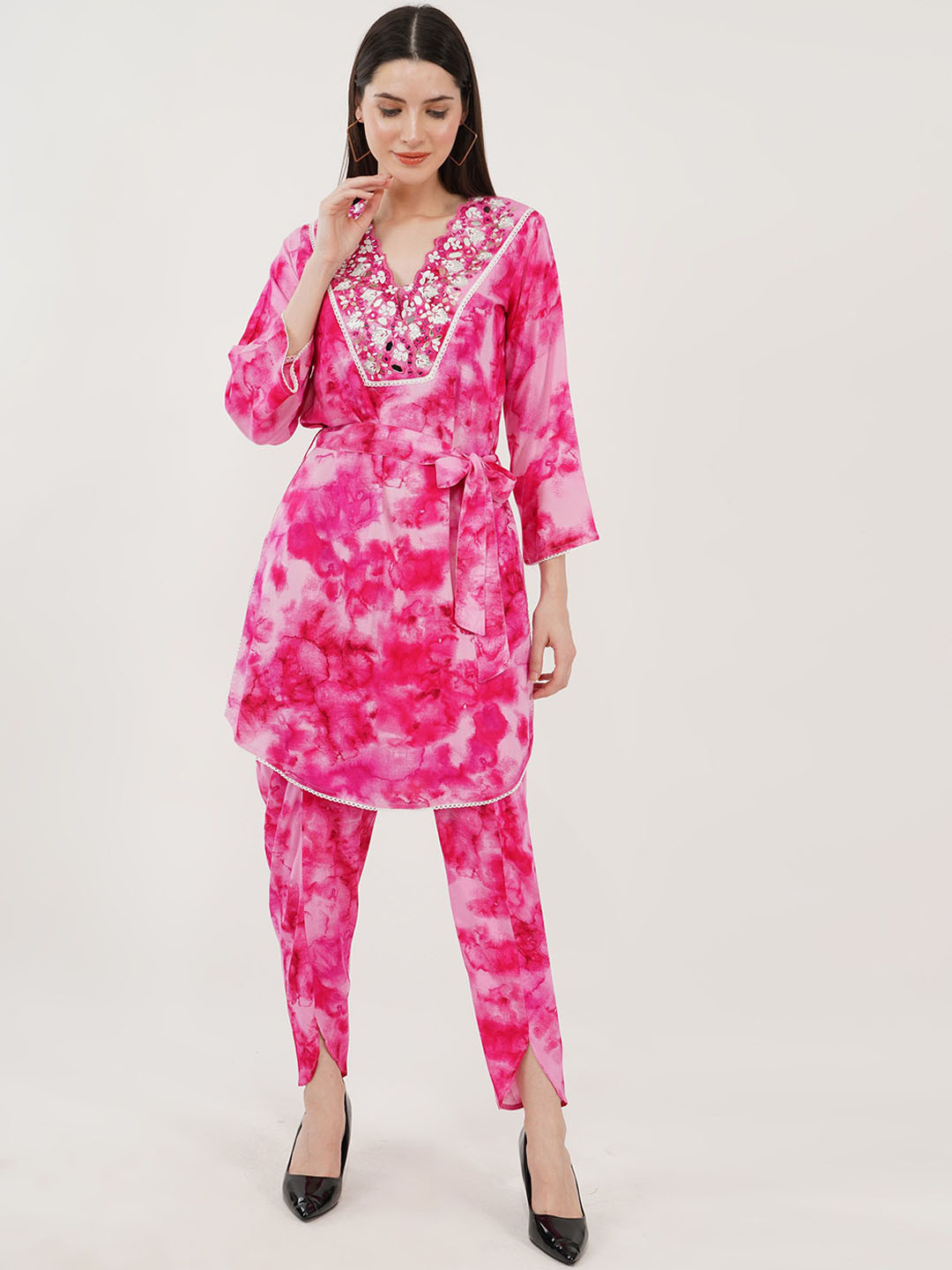 

Sonnesta Tie & Dye Printed Regular Mirror Work Kurta with Dhoti Pants, Pink