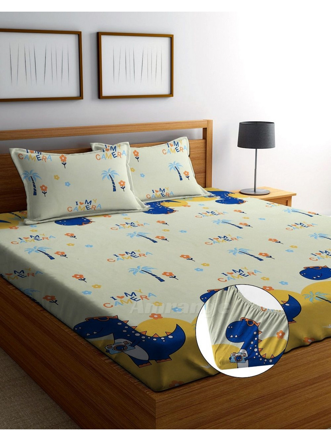 

AMRANGE Grey & Blue Cartoon Characters Fitted 250 TC King Bedsheet with 2 Pillow Covers