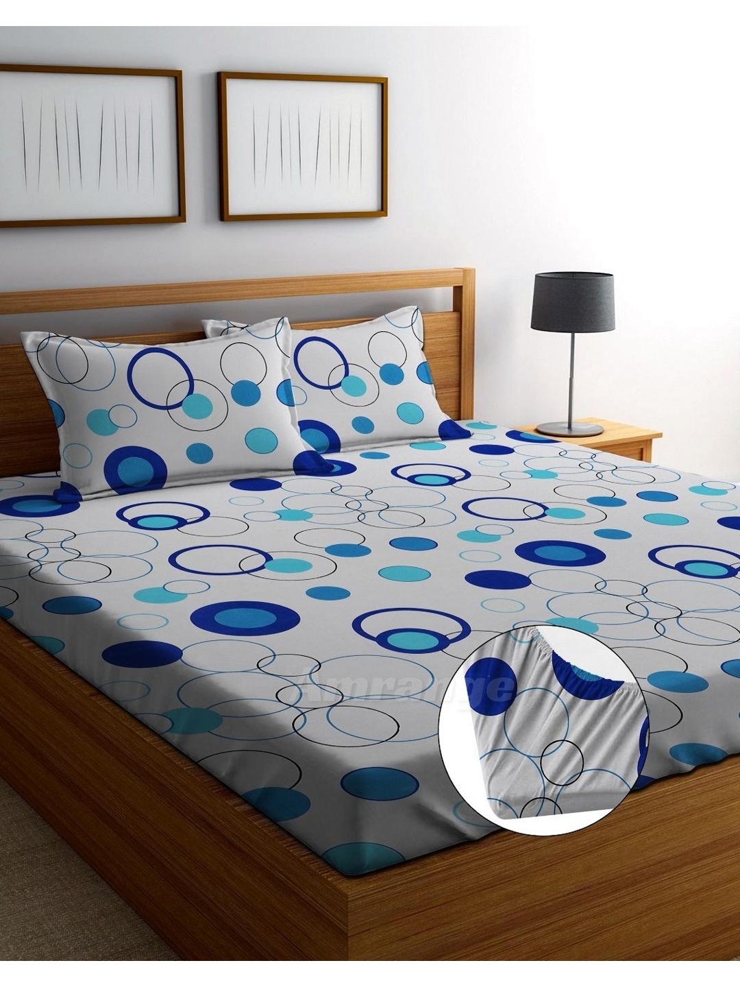 

AMRANGE White & Blue Printed 250 TC Microfiber King Fitted Bedsheet With 2 Pillow Covers
