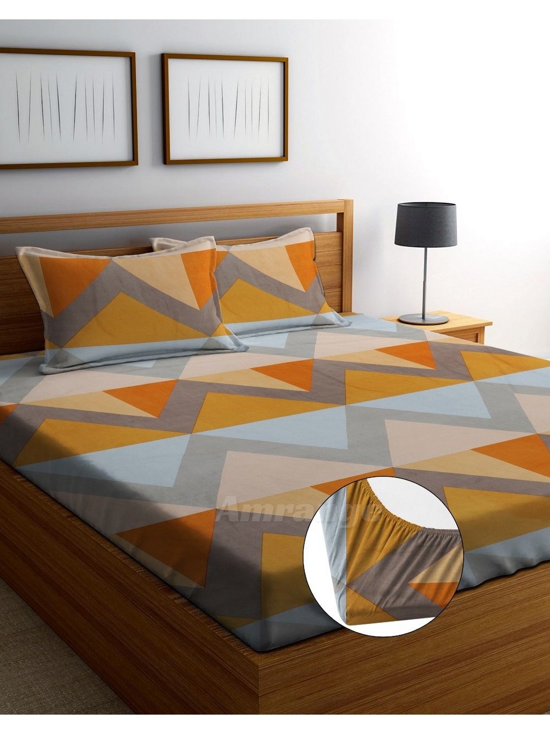

AMRANGE Orange & Blue Geometric Fitted 250 TC King Bedsheet with 2 Pillow Covers