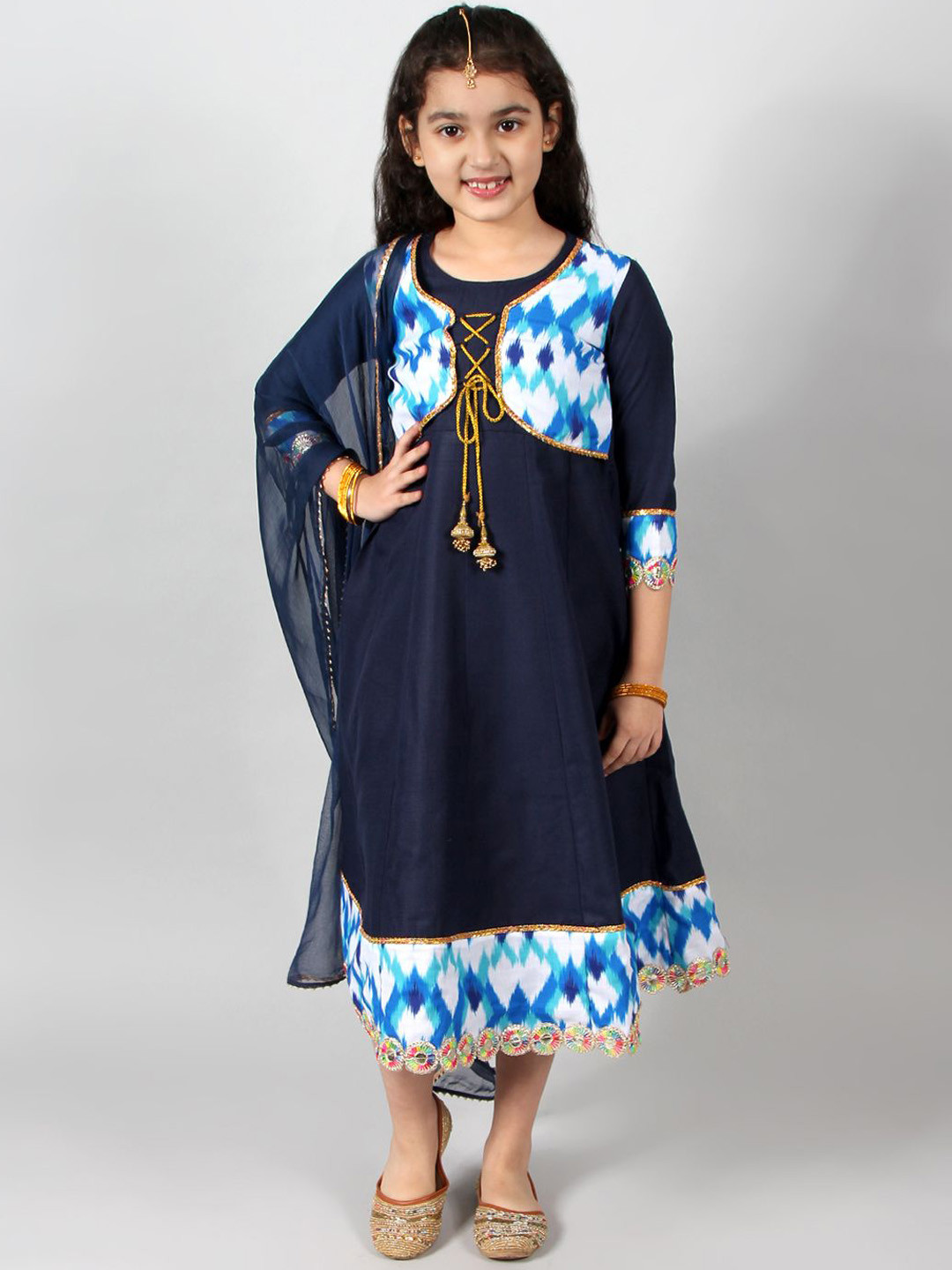 

INCLUD Girls Ethnic Motifs Printed Embroidered Cotton A-Line Ethnic Dress & Dupatta, Navy blue